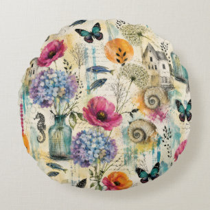 Colourful Coastal Botanical watercolor Pattern Round Cushion