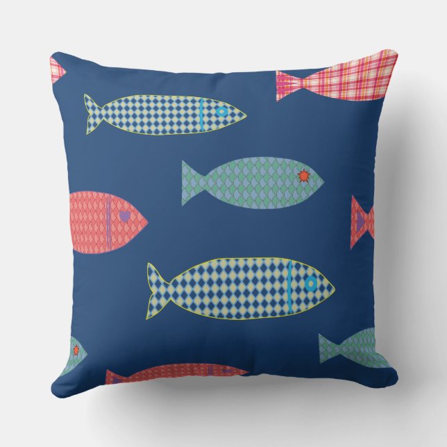 Colourful Coastal Fish Pattern Throw Pillow (Back)