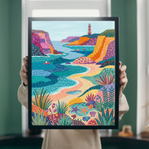 Colourful Coastal Folk Art Lighthouse Beach Canvas