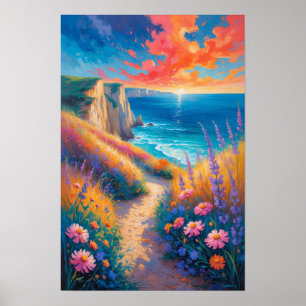 Colourful Coastal Path with Flowers and Ocean View Poster