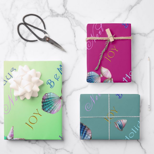 Colourful Coastal Pink, Blue and Green Christmas Wrapping Paper Sheet (Front)