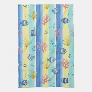 Colourful Coastal Sea Life Pattern (10) Tea Towel