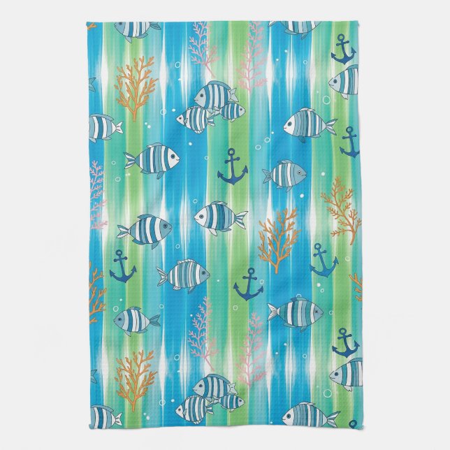 Colourful Coastal Sea Life Pattern (13) Tea Towel (Vertical)