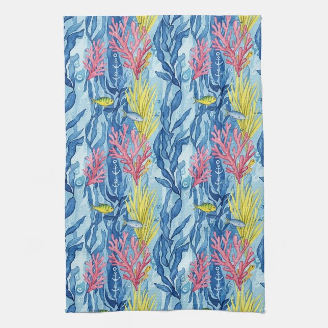 Colourful Coastal Sea Life Pattern (1) Tea Towel (Vertical)