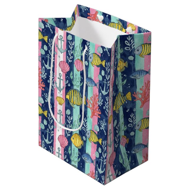 Colourful Coastal Sea Life Pattern (2) Medium Gift Bag (Front Angled)