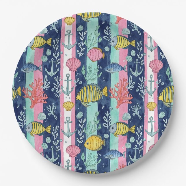 Colourful Coastal Sea Life Pattern (2) Paper Plate (Front)
