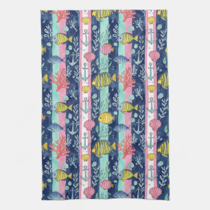 Colourful Coastal Sea Life Pattern (2) Tea Towel