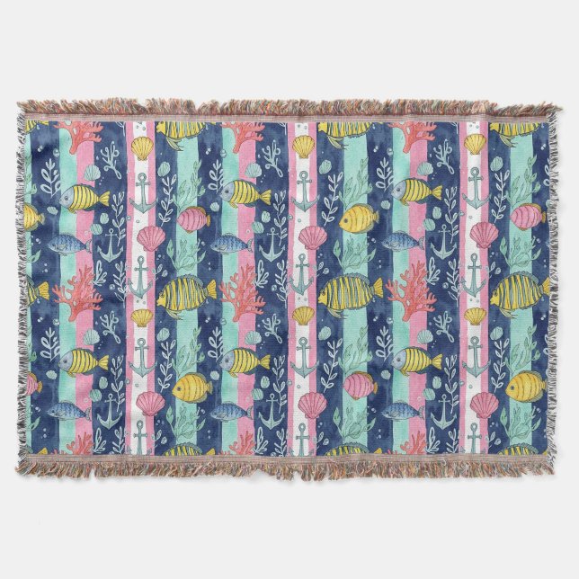 Colourful Coastal Sea Life Pattern (2) Throw Blanket (Front)