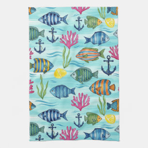 Colourful Coastal Sea Life Pattern (3) Tea Towel