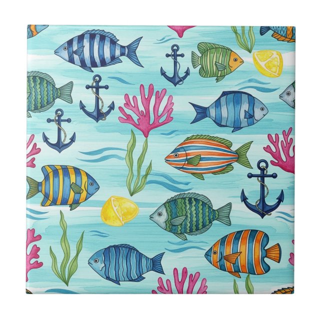 Colourful Coastal Sea Life Pattern (3) Tile (Front)