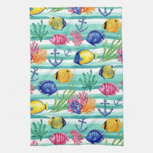 Colourful Coastal Sea Life Pattern (5) Tea Towel