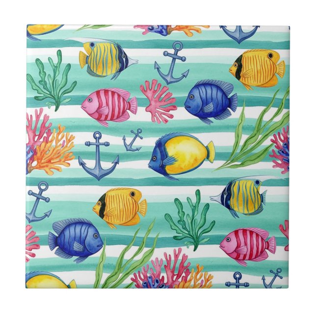 Colourful Coastal Sea Life Pattern (5) Tile (Front)