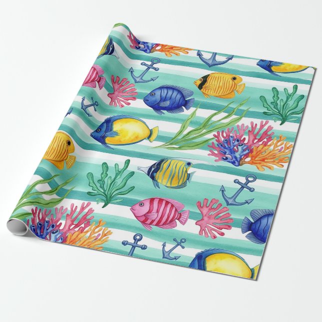 Colourful Coastal Sea Life Pattern (5) Wrapping Paper (Unrolled)
