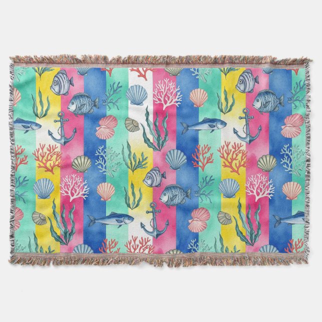 Colourful Coastal Sea Life Pattern (6) Throw Blanket (Front)