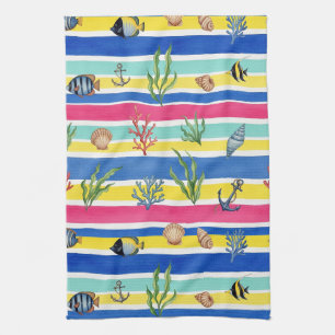Colourful Coastal Sea Life Pattern (7) Tea Towel