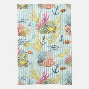 Colourful Coastal Sea Life Pattern (8) Tea Towel