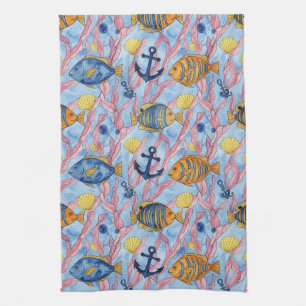 Colourful Coastal Sea Life Pattern (9) Tea Towel