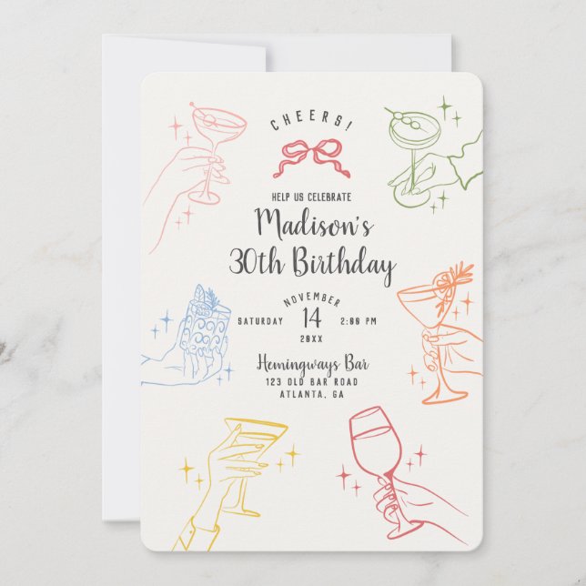 Colourful Cocktail Party Birthday Party Invite (Front)