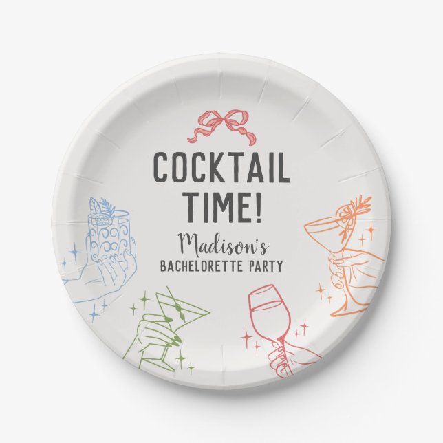 Colourful Cocktail Party Retro Bachelorette Party Paper Plate (Front)