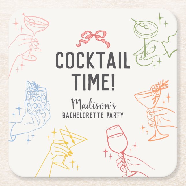 Colourful Cocktail Party Retro Bachelorette Party Square Paper Coaster (Front)