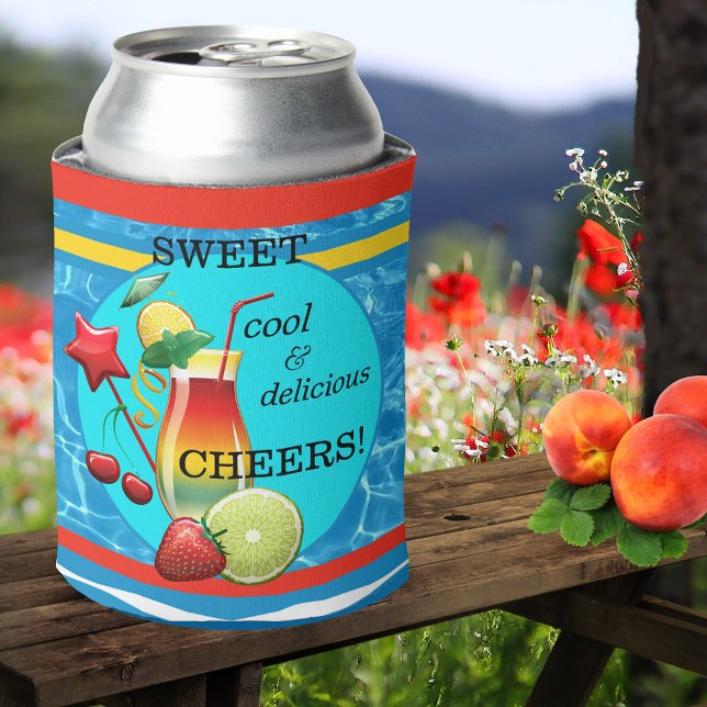Colourful Cocktail Summer Pool Can Cooler (Can cooler featuring a colorful design with a cocktail and fruits on a striped background)