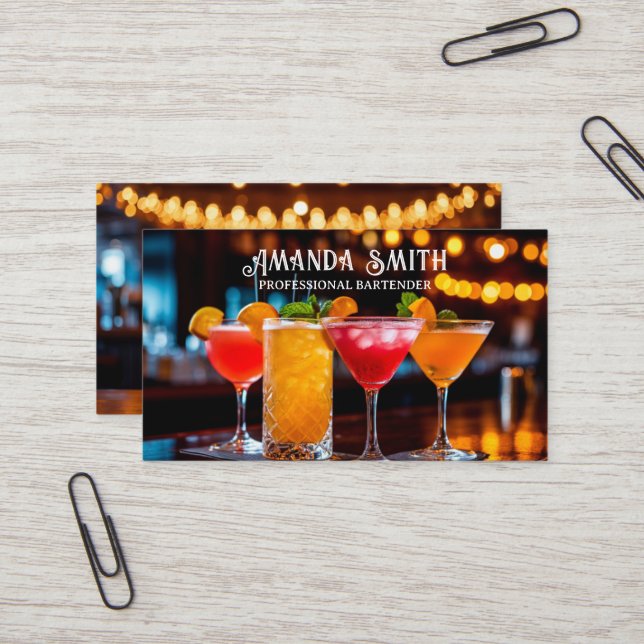 Colourful Cocktails Professional Bartender Busines Business Card (Front/Back In Situ)