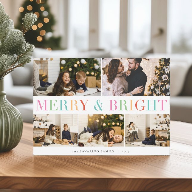 Colourful Collage | Merry & Bright 5 Photo Holiday Card (Creator Uploaded)