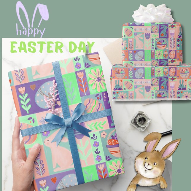 Colourful Collage Pink Green Purple Easter  Wrapping Paper (Colorful Collage Pink Green Purple Easter Wrapping Paper)