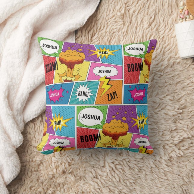 Colourful Comic Book Personalised Name Pop Art Cushion (Blanket)