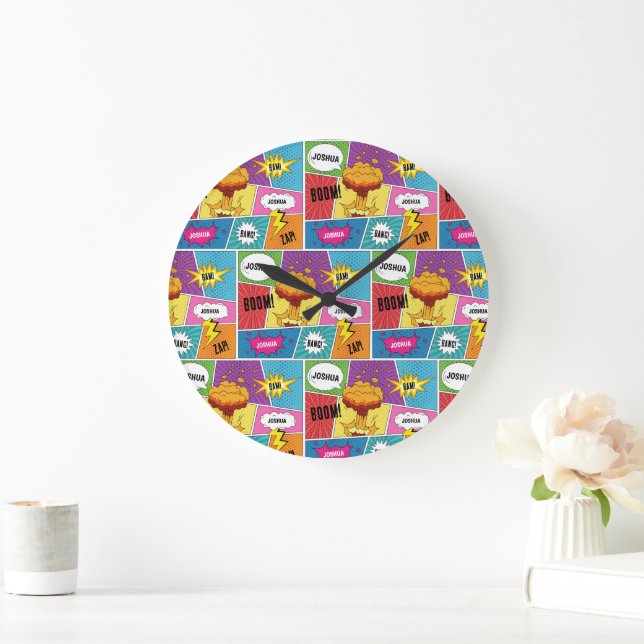 Colourful Comic Book Personalised Name Pop Art Large Clock (Home)