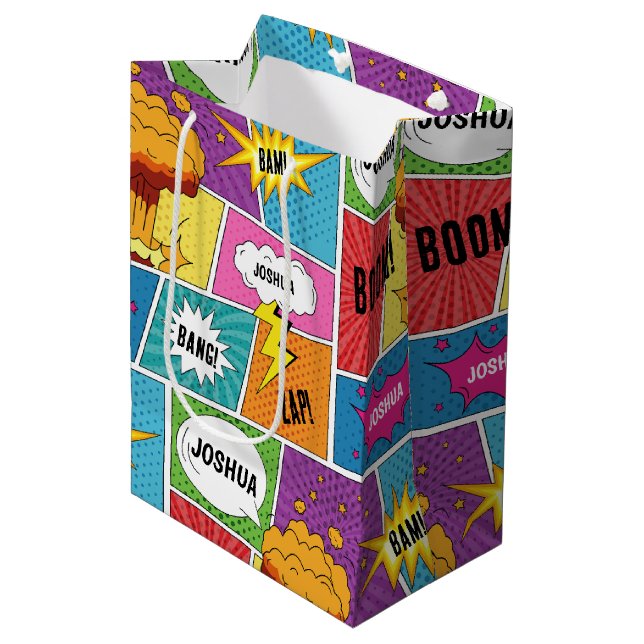 Colourful Comic Book Personalised Name Pop Art Medium Gift Bag (Front Angled)