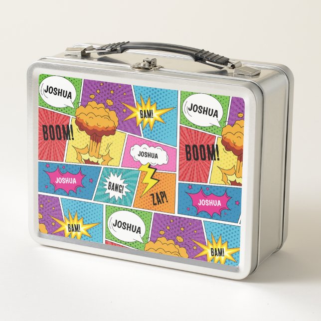 Colourful Comic Book Personalised Name Pop Art Metal Lunch Box (Front)