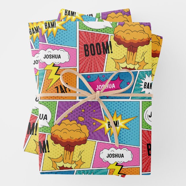 Colourful Comic Book Personalised Name Pop Art Wrapping Paper Sheet (In situ)