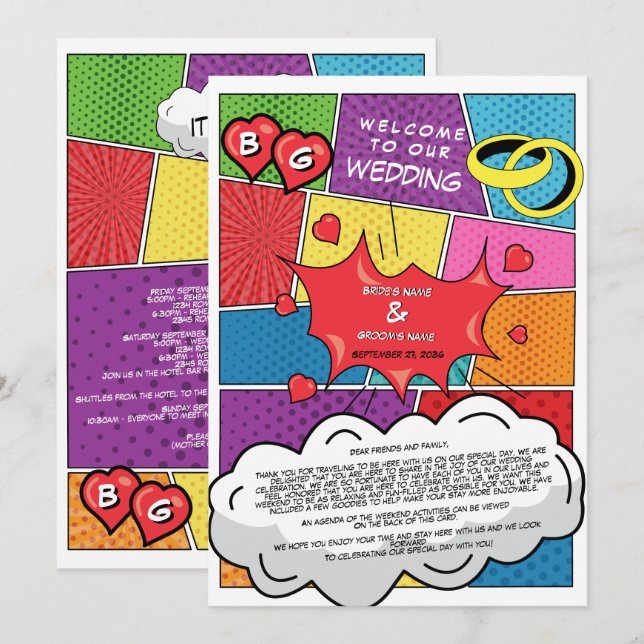 Colourful Comic Book Pop Art Wedding Itinerary Programme (Front/Back)