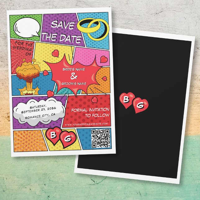 Colourful Comic Book Pop Art Wedding QR Code Save The Date (Colorful Comic Book Pop Art Wedding QR Code Save The Date)