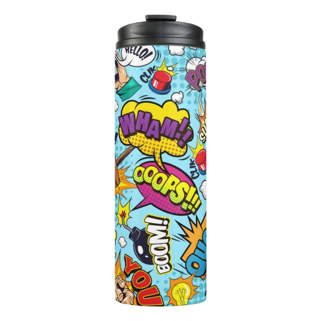 Colourful comic book themed pattern thermal tumbler (Front)