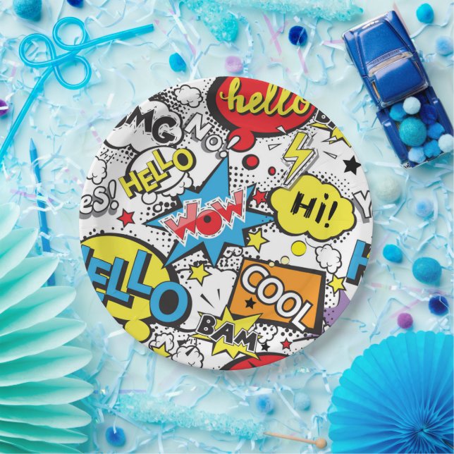 Colourful Comic Pop Art Speech Bubble Pattern Paper Plate (Party)
