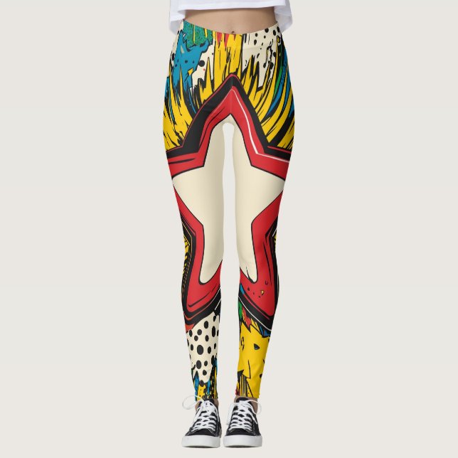 Colourful Comic Pop Art Starburst Explosion Leggings (Front)