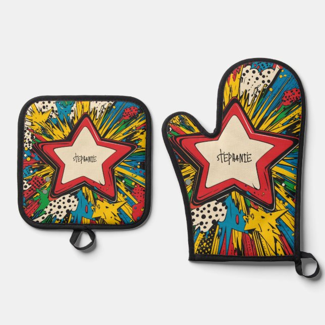 Colourful Comic Pop Art Starburst Explosion Oven Mitt & Pot Holder Set (Front)