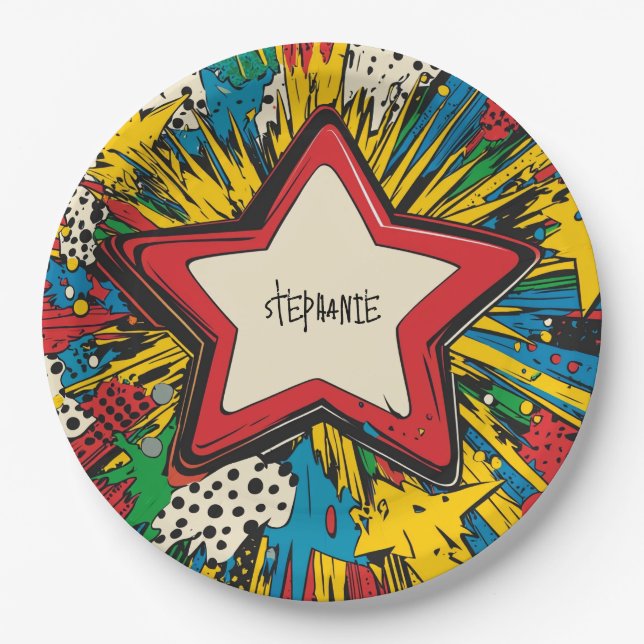 Colourful Comic Pop Art Starburst Explosion Paper Plate (Front)