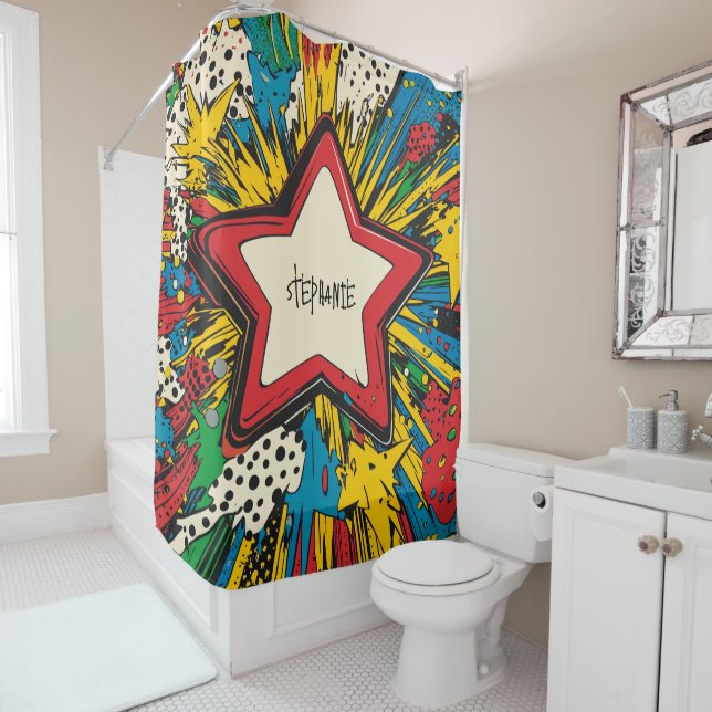 Colourful Comic Pop Art Starburst Explosion Shower Curtain (In Situ)