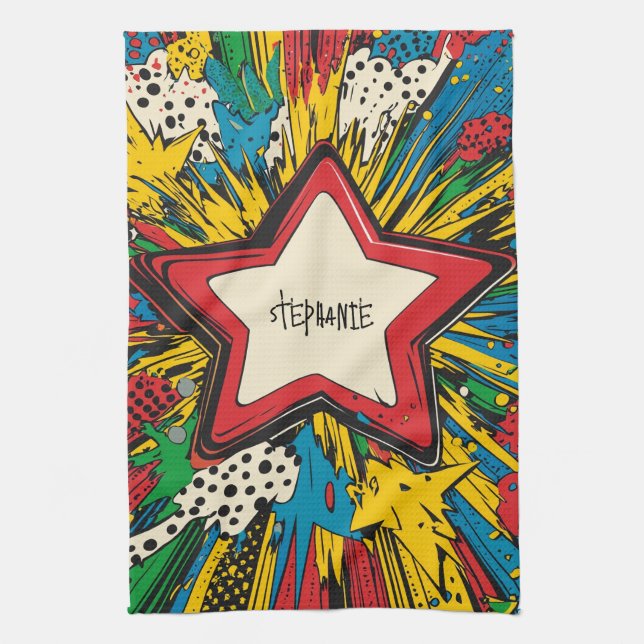 Colourful Comic Pop Art Starburst Explosion Tea Towel (Vertical)