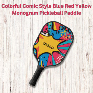 Colourful Comic Style Blue Red Yellow Monogram Pickleball Paddle