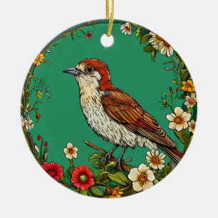 Colourful Common wren Bird Amid Blooming Flowers Ceramic Tree Decoration