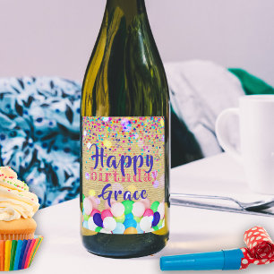 Colourful Confetti And Balloons Happy Birthday  Wine Label
