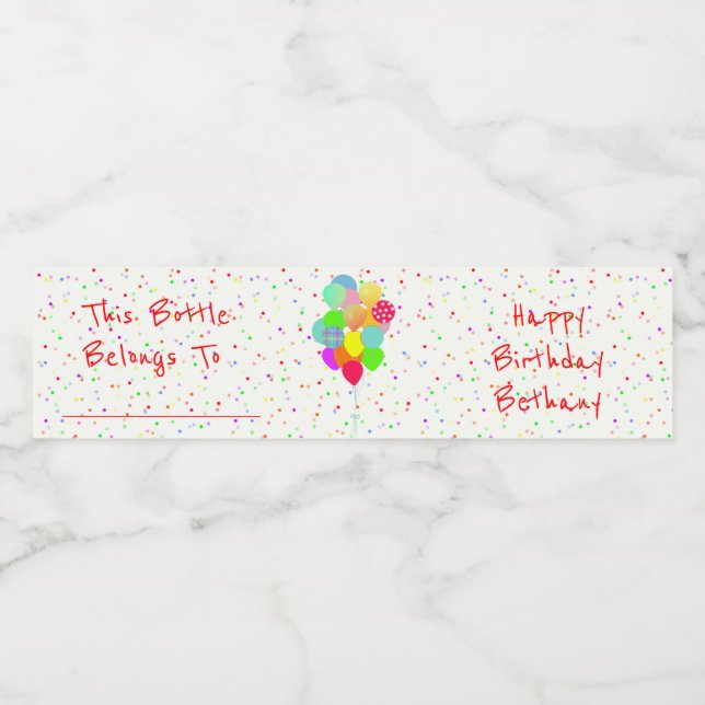 Colourful Confetti and Balloons Water Bottle Label (Single Label)