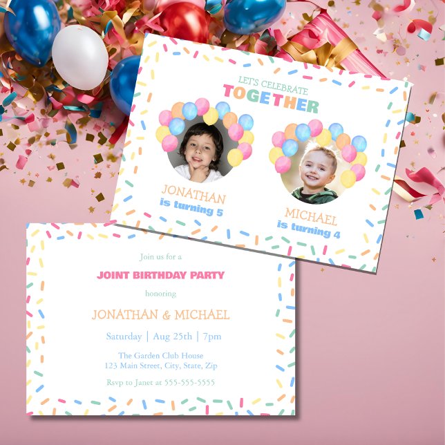 Colourful Confetti Balloon Photo Dual Birthday Invitation (Creator Uploaded)