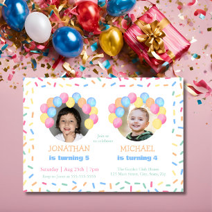 Colourful Confetti Balloon Photo Joint Birthday Invitation