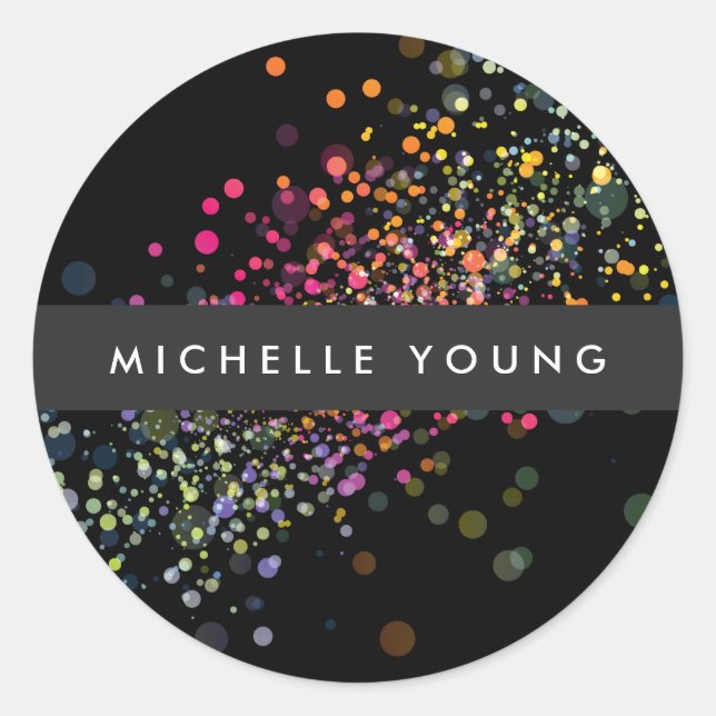 Colourful Confetti Bokeh on Black Modern Classic Round Sticker (Front)