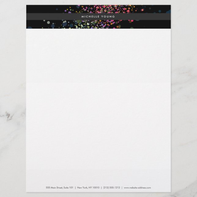 Colourful Confetti Bokeh on Black Modern Custom Letterhead (Front)